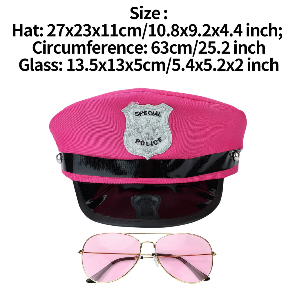Policewoman Cosplay Hat and Metal Frame Glasses Set for Halloween Parties