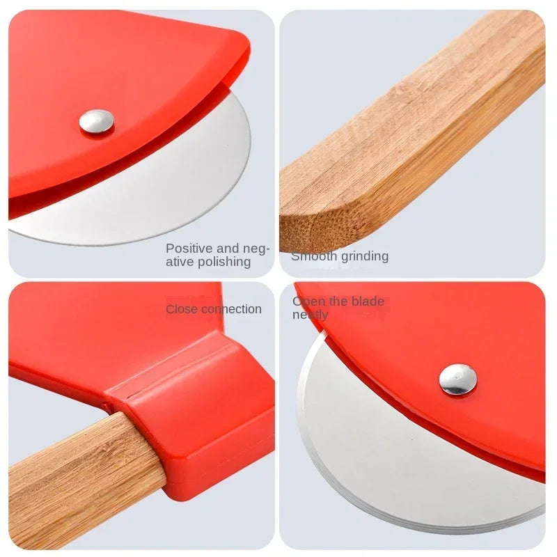 Stainless Steel Pizza Axe Cutter with Bamboo Handle & Sharp Rotating Blade for Easy Slicing