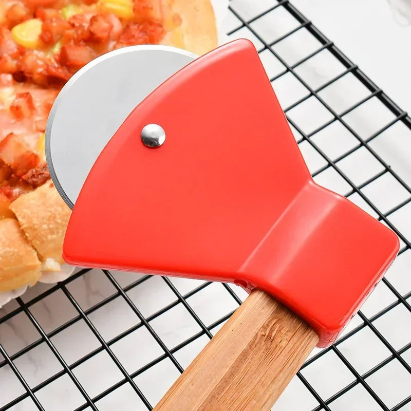 Stainless Steel Pizza Axe Cutter with Bamboo Handle & Sharp Rotating Blade for Easy Slicing