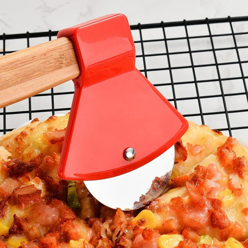 Stainless Steel Pizza Axe Cutter with Bamboo Handle & Sharp Rotating Blade for Easy Slicing