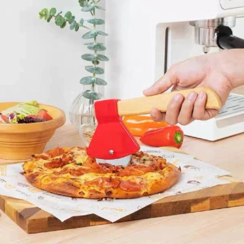 Stainless Steel Pizza Axe Cutter with Bamboo Handle & Sharp Rotating Blade for Easy Slicing
