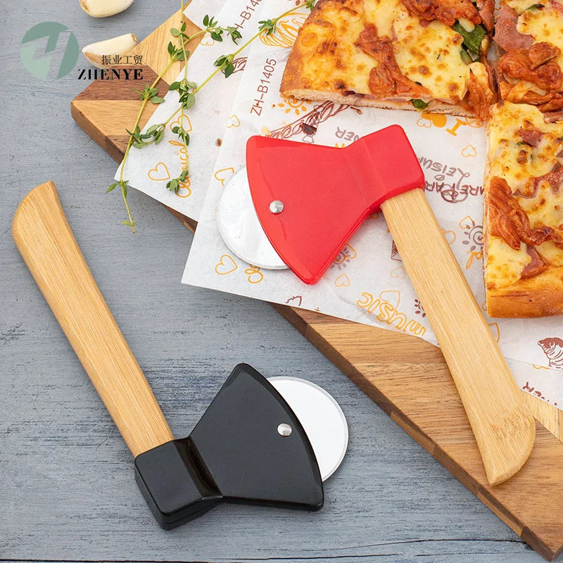 Stainless Steel Pizza Axe Cutter with Bamboo Handle & Sharp Rotating Blade for Easy Slicing